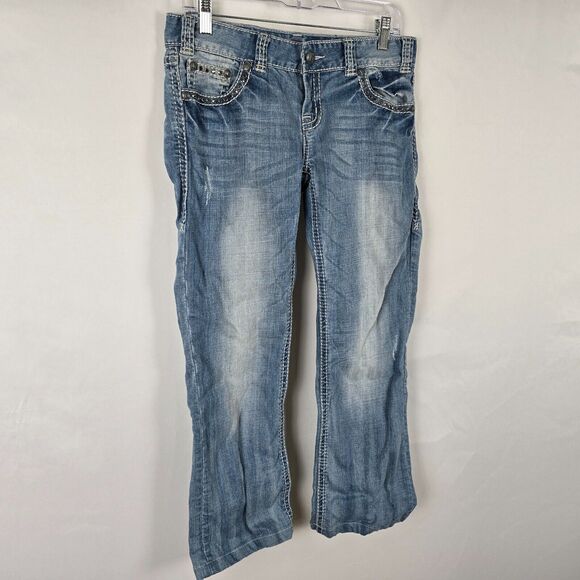 Rock and Roll Cowgirl Jeans Women's 29 x 32 ** Blue Low Rise Boot Cut Distressed - Picture 16 of 16